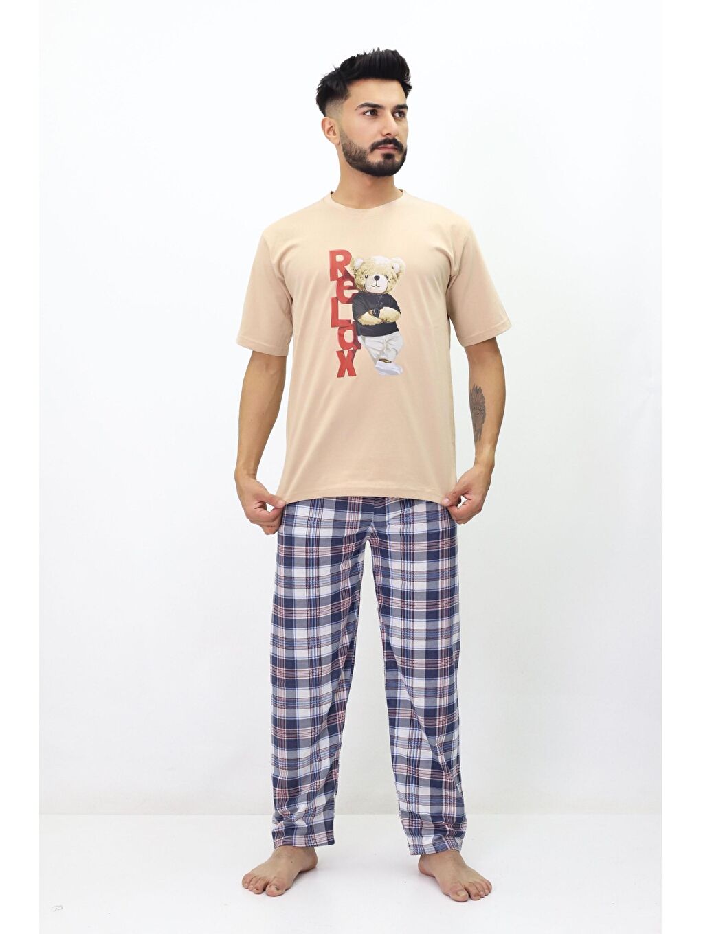 TAMPAP Krem Relax Penye Kısa Kol Erkek Pijama Takımı