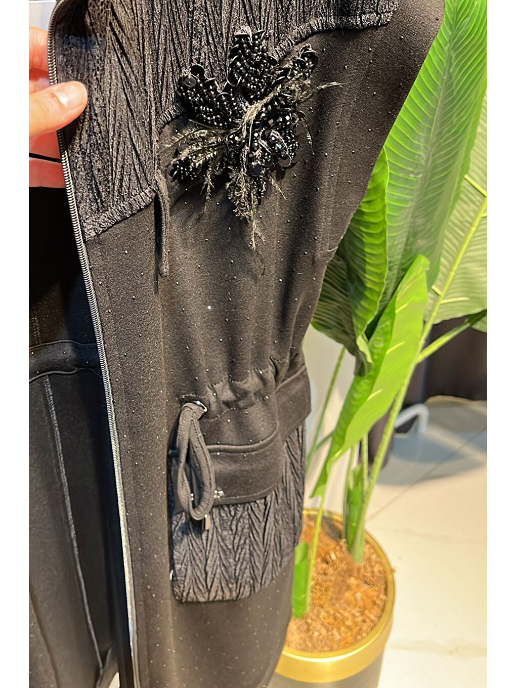 Kadın Dantel ve Taş Detay Yelek Pantolon Takım 7307 Siyah-2