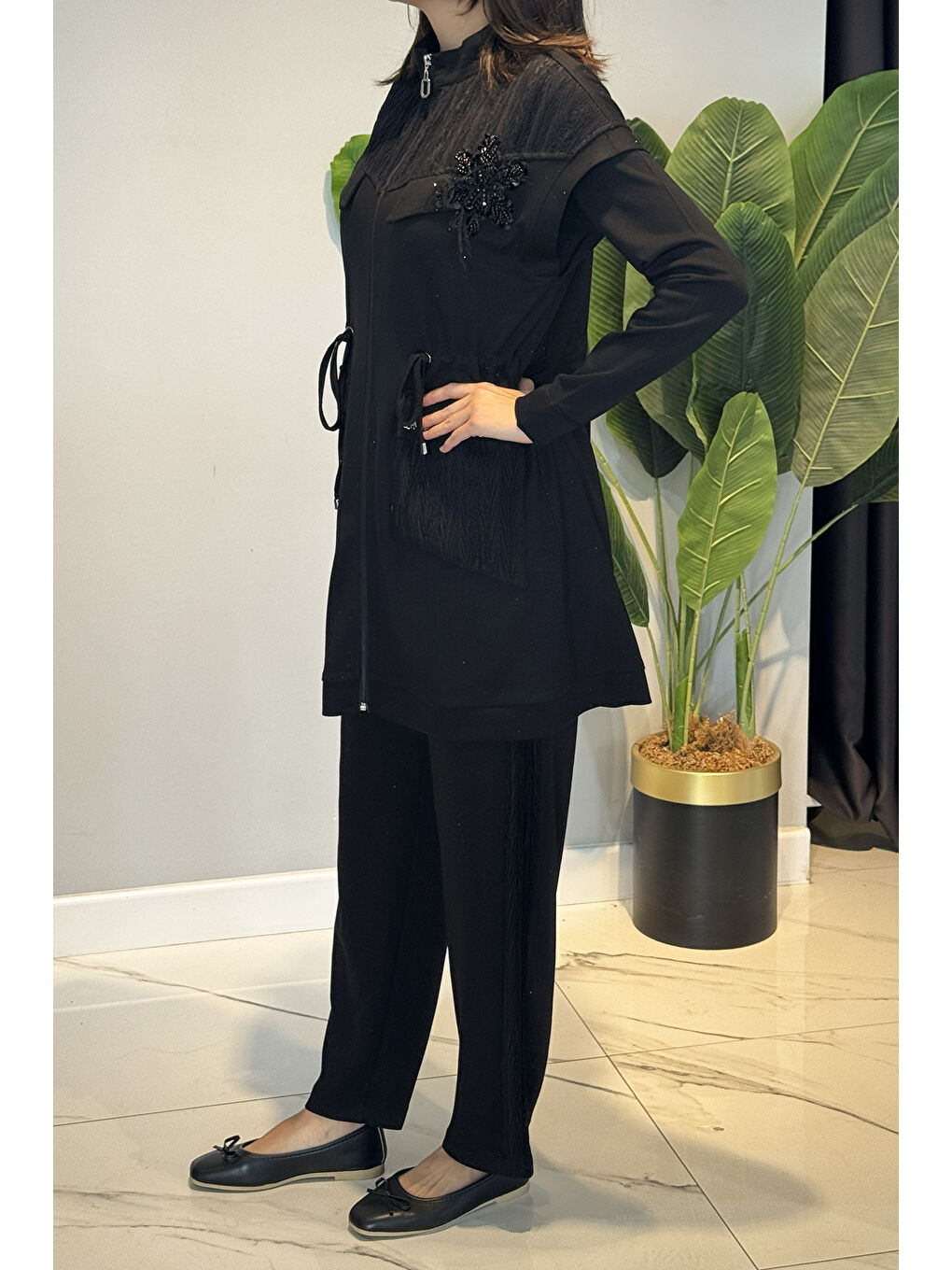 Kadın Dantel ve Taş Detay Yelek Pantolon Takım 7307 Siyah-3