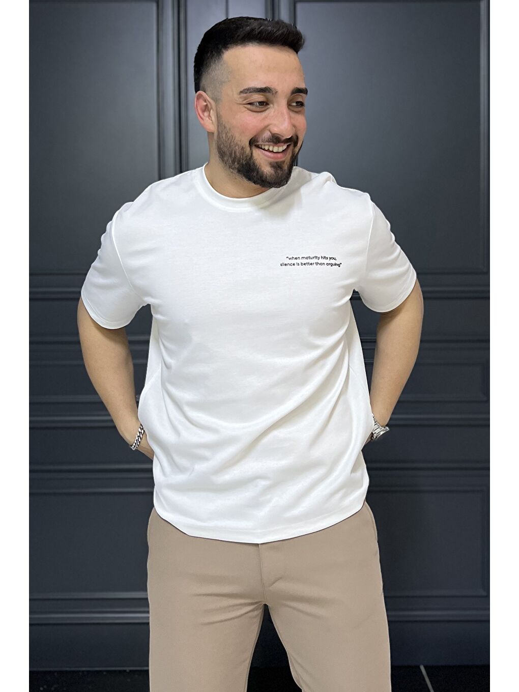 Ekru Erkek Yazı Baskılı Tişört-1