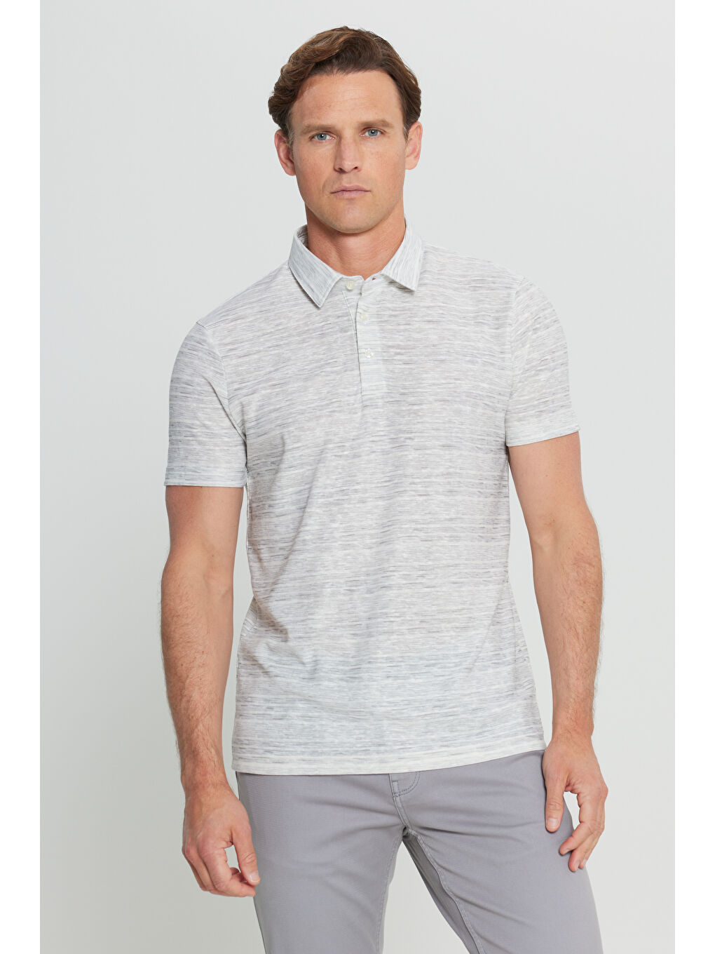 Erkek Ekru Pamuklu Slim Fit Dar Kesim Baskılı Polo Yaka Tişört