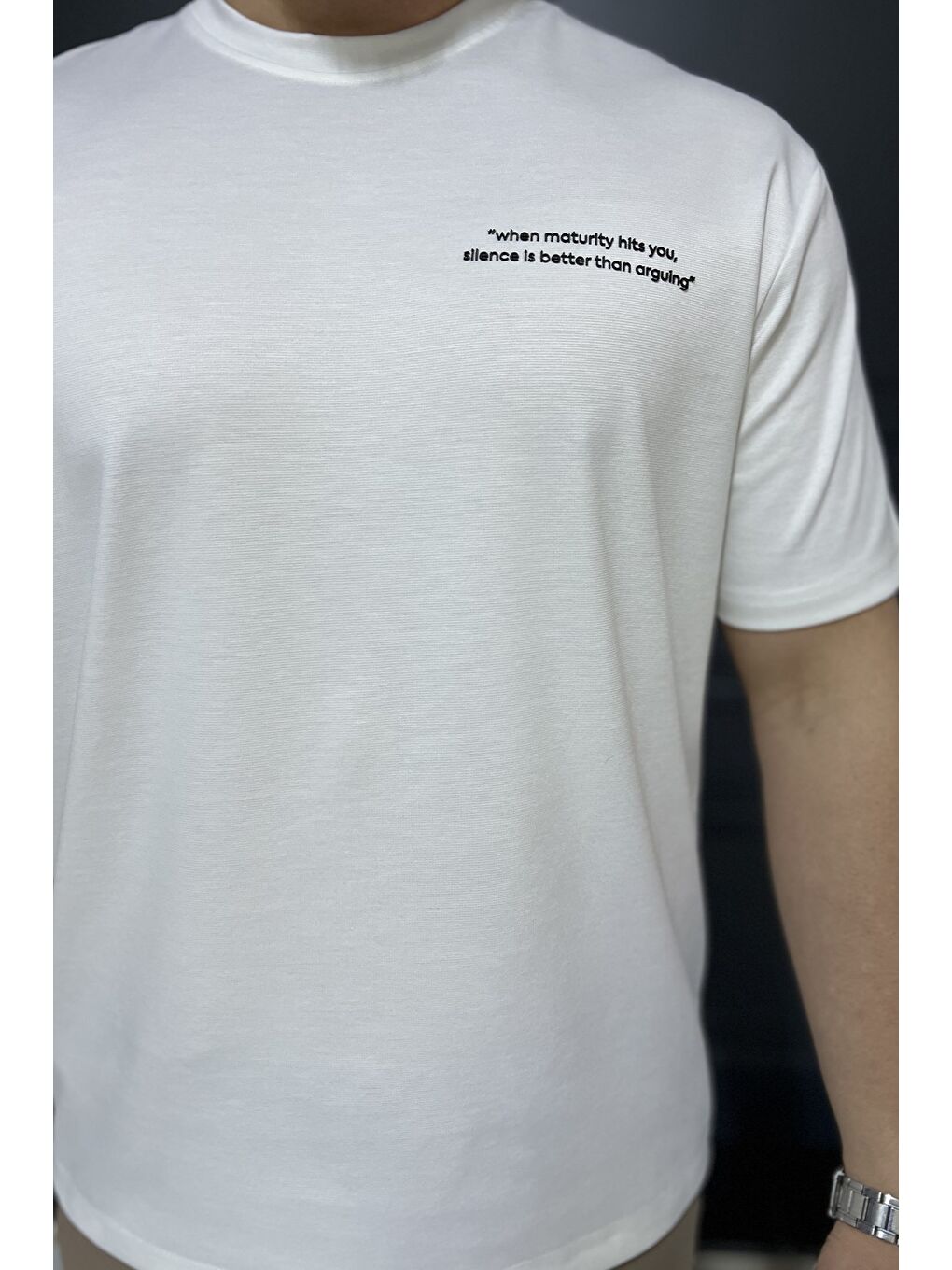 Ekru Erkek Yazı Baskılı Tişört-2