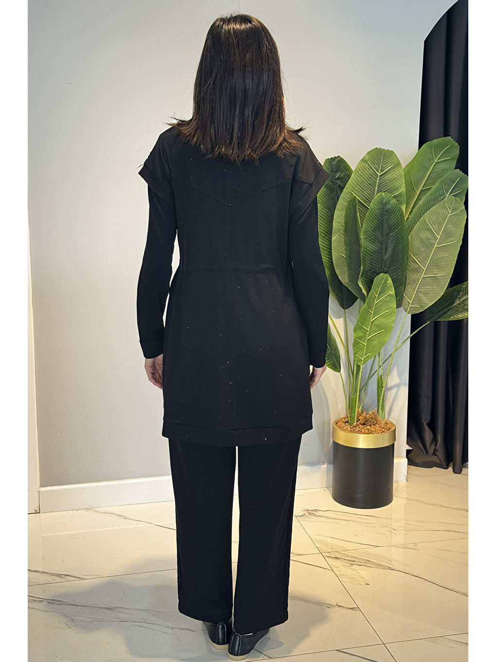 Kadın Dantel ve Taş Detay Yelek Pantolon Takım 7307 Siyah-4