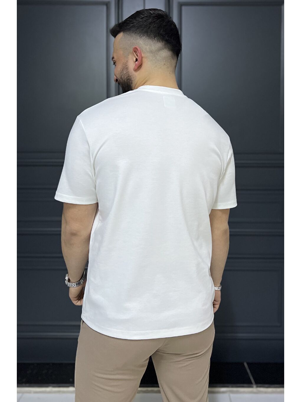 Ekru Erkek Yazı Baskılı Tişört-3