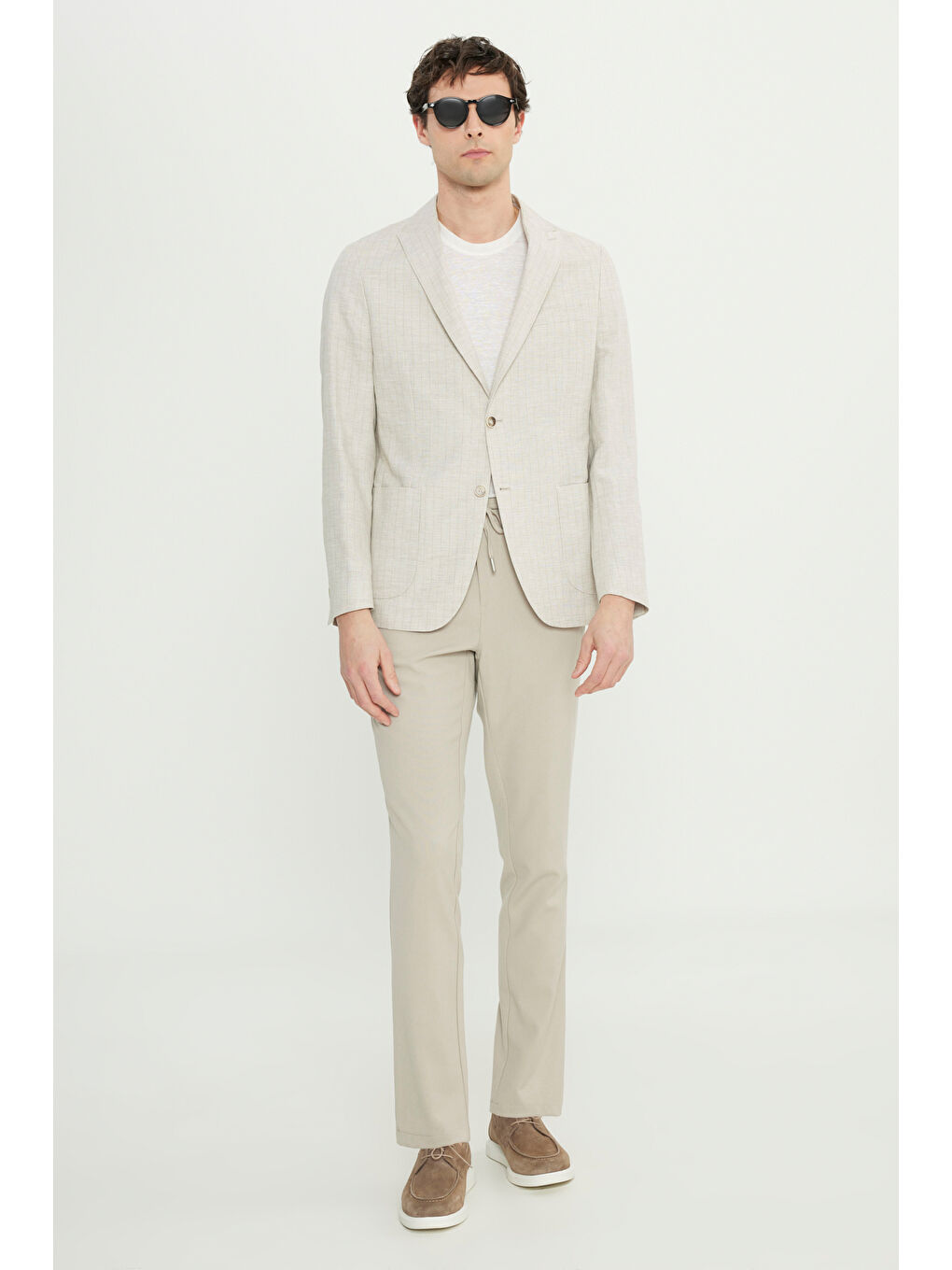 Erkek Bej Keten Slim Fit Dar Kesim Kırlangıç Yaka Torba Cepli Çizgili Blazer Ceket-1