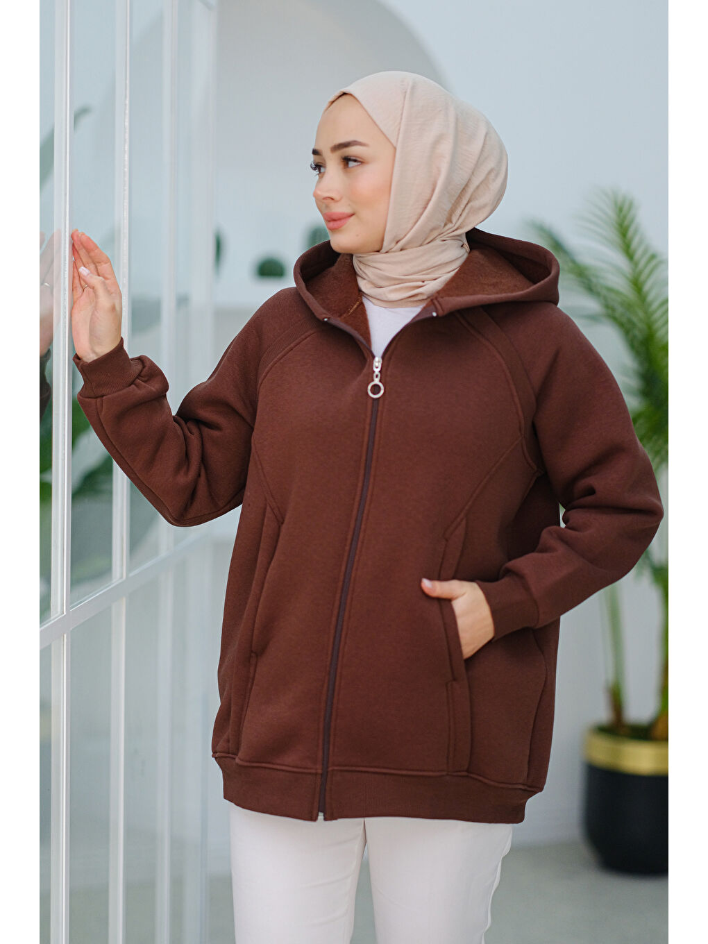 Süveter Detay Kapüşonlu Hırka Kahverengi-2