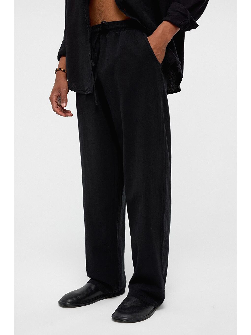 Bel Lastikli Baggy Fit Keten Pantolon Siyah