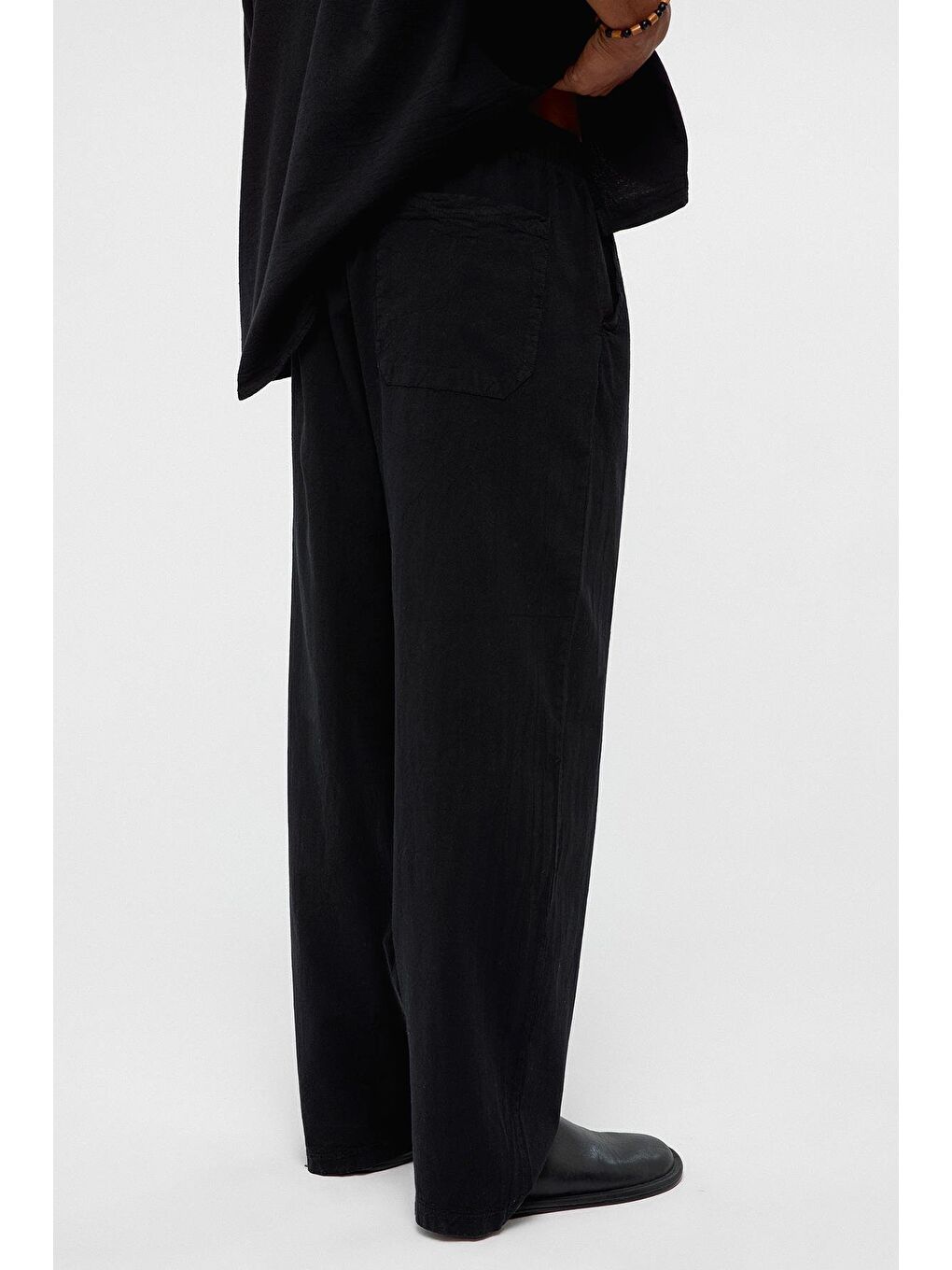 Bel Lastikli Baggy Fit Keten Pantolon Siyah-2
