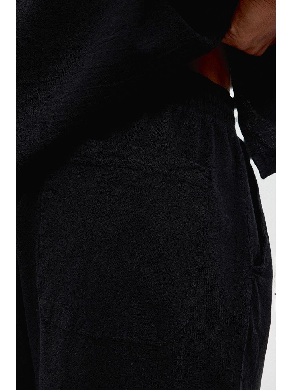 Bel Lastikli Baggy Fit Keten Pantolon Siyah-3