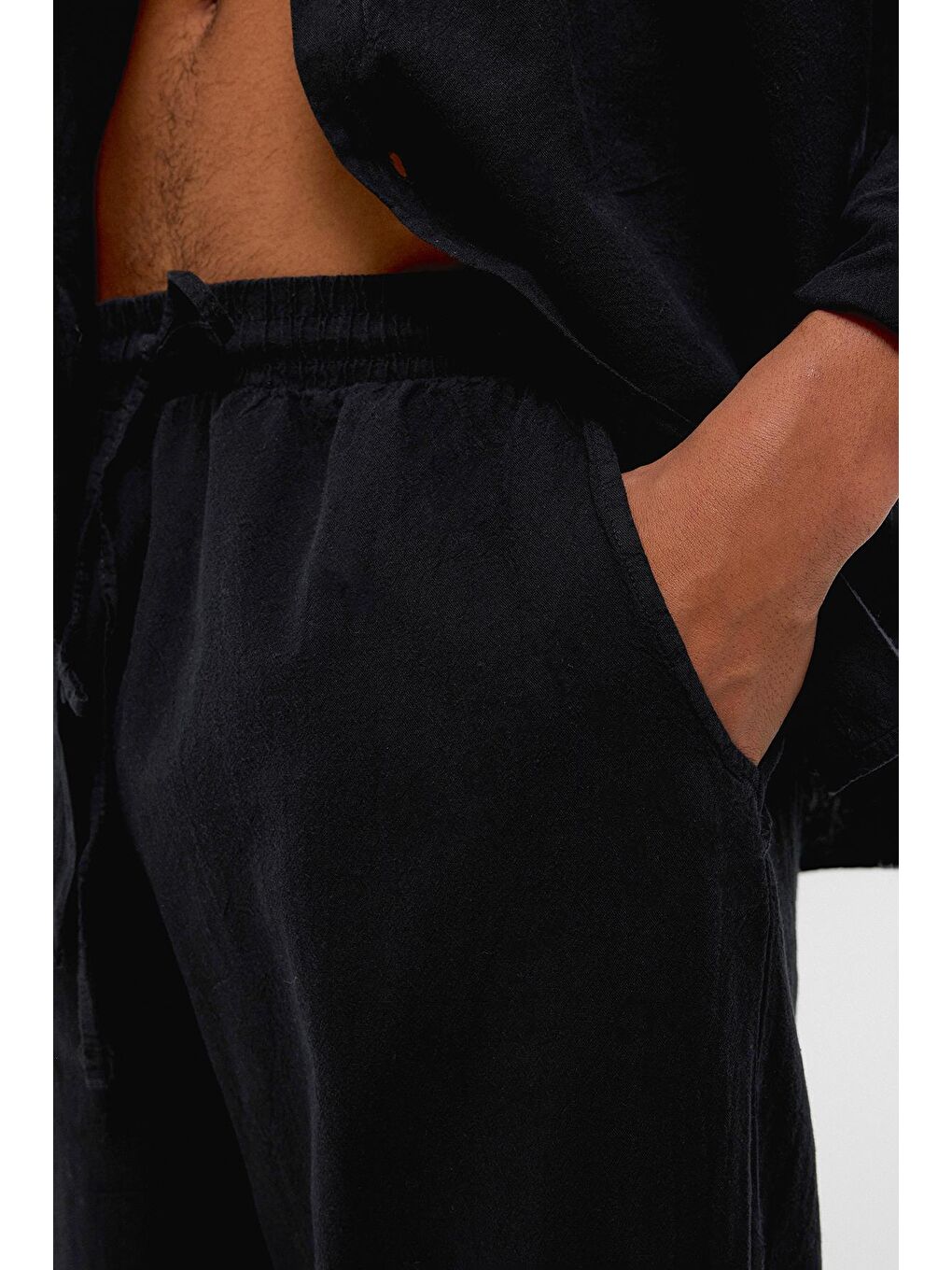Bel Lastikli Baggy Fit Keten Pantolon Siyah-4