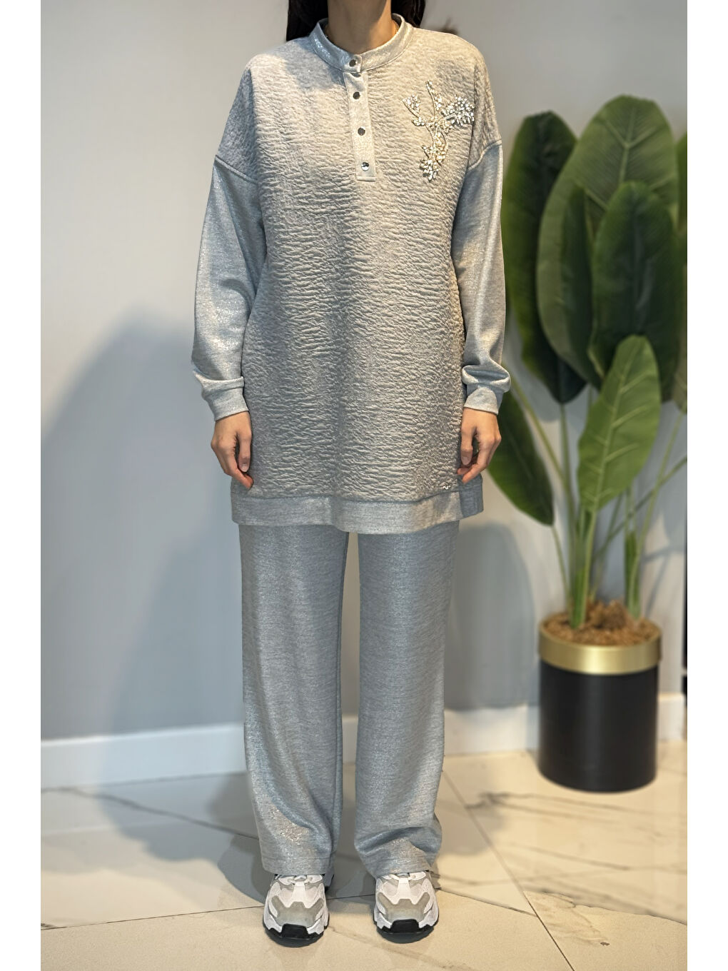 Kadın Boncuk İşleme Detay Simli Örme Kumaş Tunik Pantolon Takım 7323 Gri-1