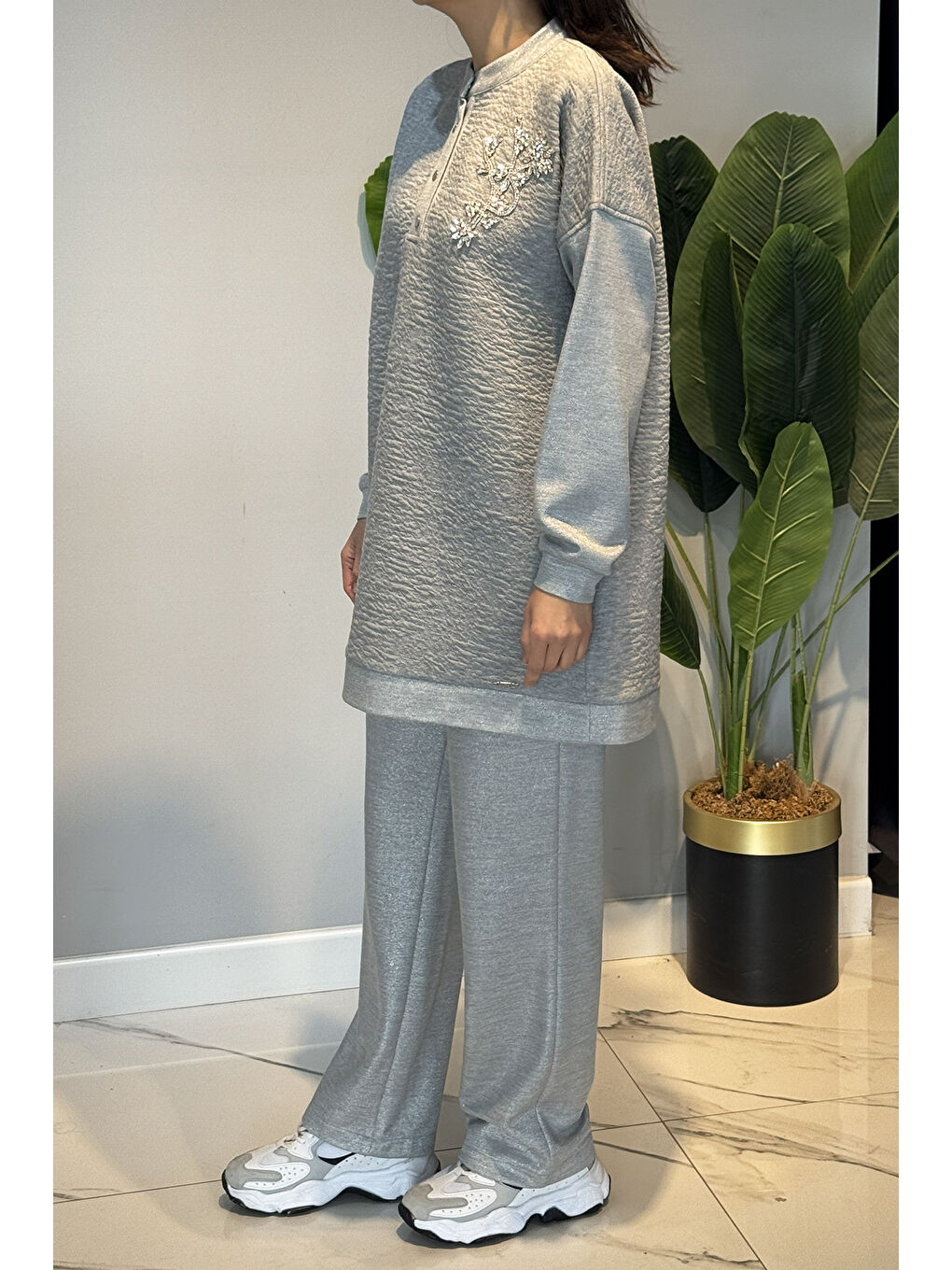 Kadın Boncuk İşleme Detay Simli Örme Kumaş Tunik Pantolon Takım 7323 Gri-2
