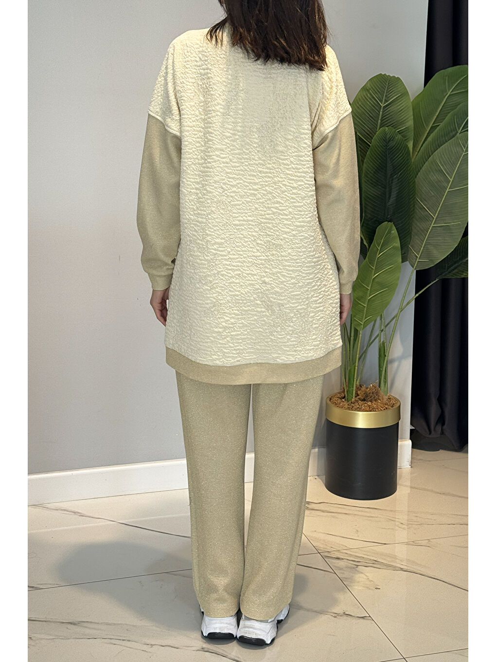 Ekru Kadın Boncuk İşleme Detay Simli Örme Kumaş Tunik Pantolon Takım 7323 Krem-3