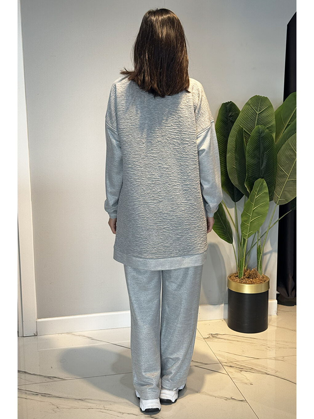 Kadın Boncuk İşleme Detay Simli Örme Kumaş Tunik Pantolon Takım 7323 Gri-3