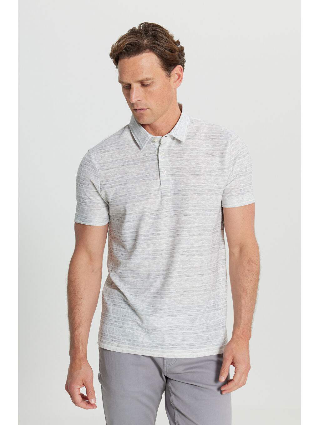 Erkek Ekru Pamuklu Slim Fit Dar Kesim Baskılı Polo Yaka Tişört-3