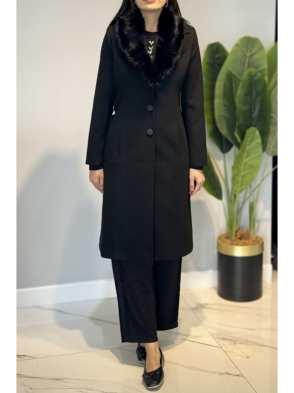 Kürk Detay Kaşmir Kaban 6331 Siyah-1