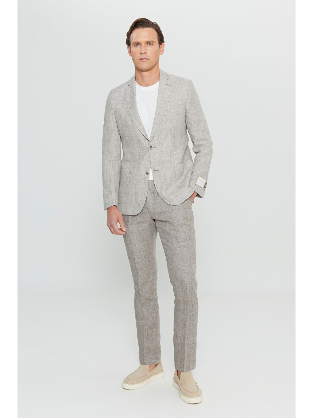 Erkek Bej %100 Keten Slim Fit Dar Kesim Mono Yaka Kazayağı Desenli Takım Elbise-1