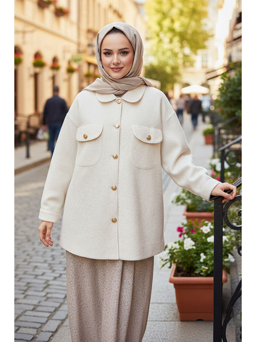 Düğme ve Cep Detay Ceket 32412 Ekru-4