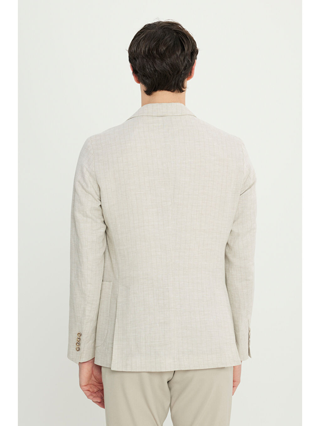 Erkek Bej Keten Slim Fit Dar Kesim Kırlangıç Yaka Torba Cepli Çizgili Blazer Ceket-4