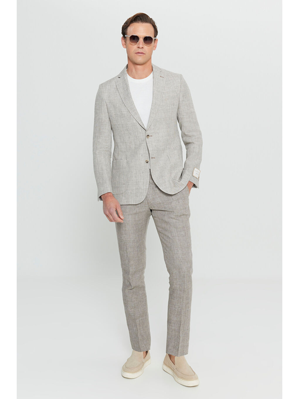 Erkek Bej %100 Keten Slim Fit Dar Kesim Mono Yaka Kazayağı Desenli Takım Elbise-2