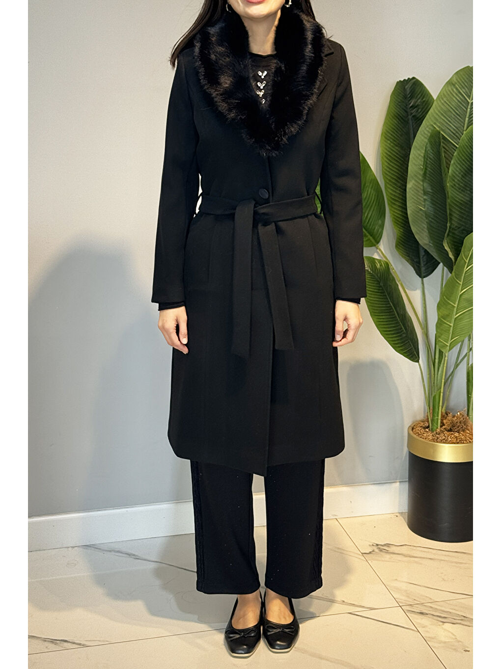 Kürk Detay Kaşmir Kaban 6331 Siyah-4