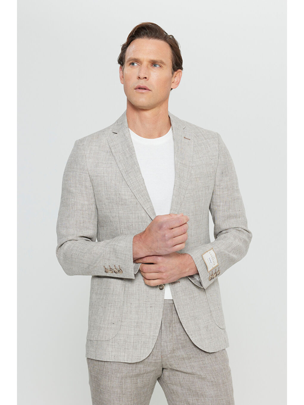 Erkek Bej %100 Keten Slim Fit Dar Kesim Mono Yaka Kazayağı Desenli Takım Elbise-3