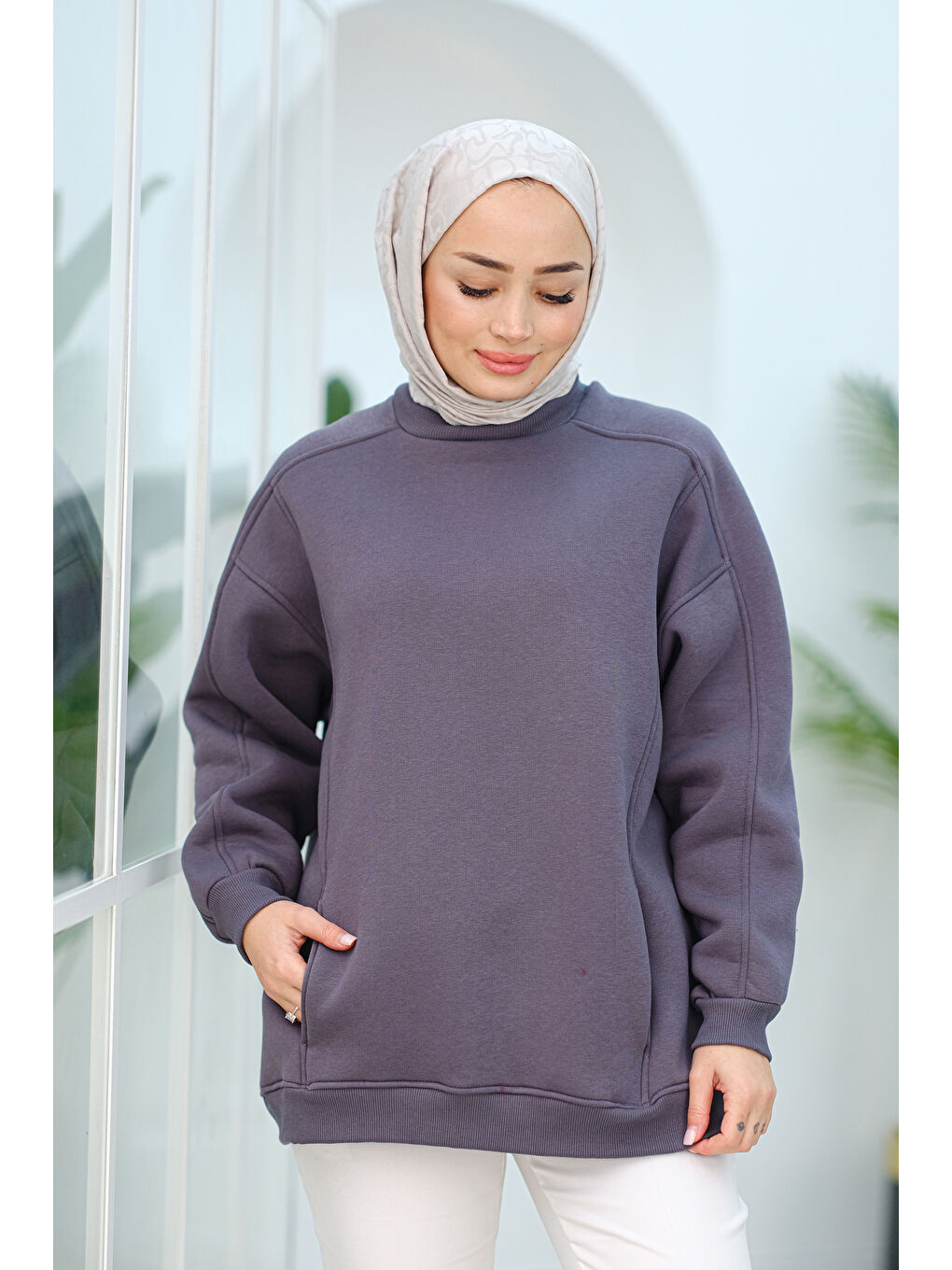 Locco Moda Gri Cep Detay Oversize Tunik Füme