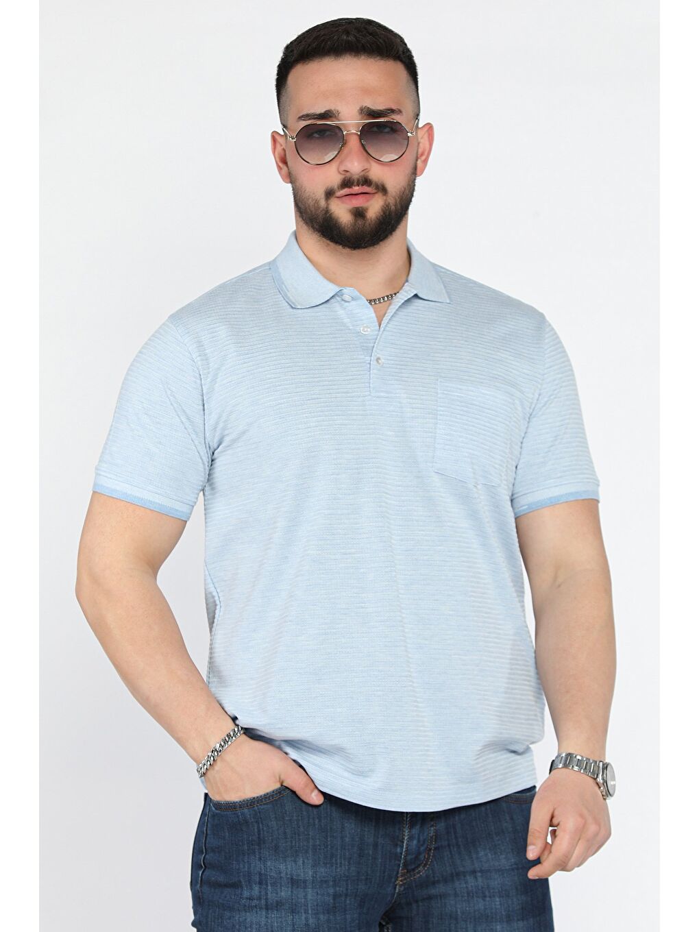 Mavi Erkek Polo Yaka Yarım Düğmeli Cepli Tişört