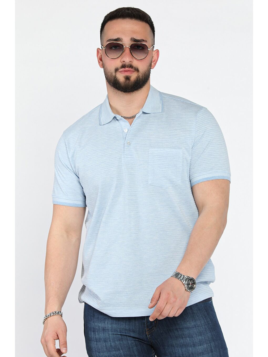 Mavi Erkek Polo Yaka Yarım Düğmeli Cepli Tişört-1
