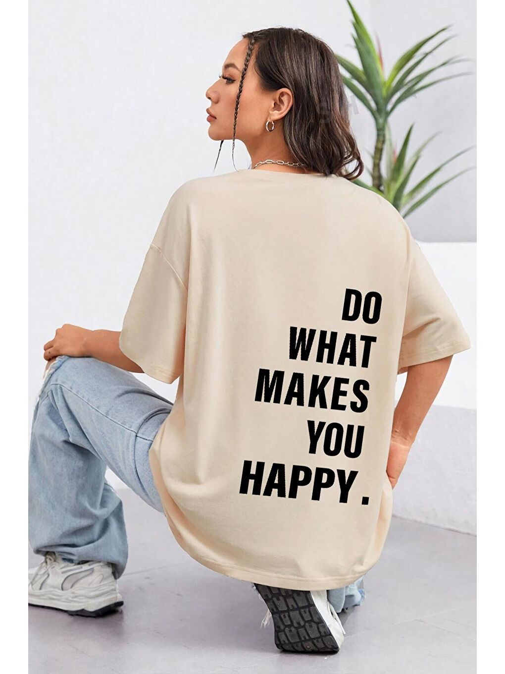 uyguntarz Bej Unisex Sırt Baskılı Do What Oversize Tshirt