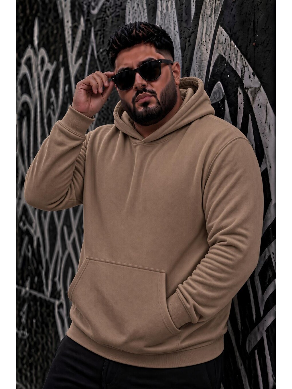 Bej Bery Büyük Beden Erkek Kapüşonlu Basic Sweatshirt İki İplik Şardonlu Kanguru Cepli