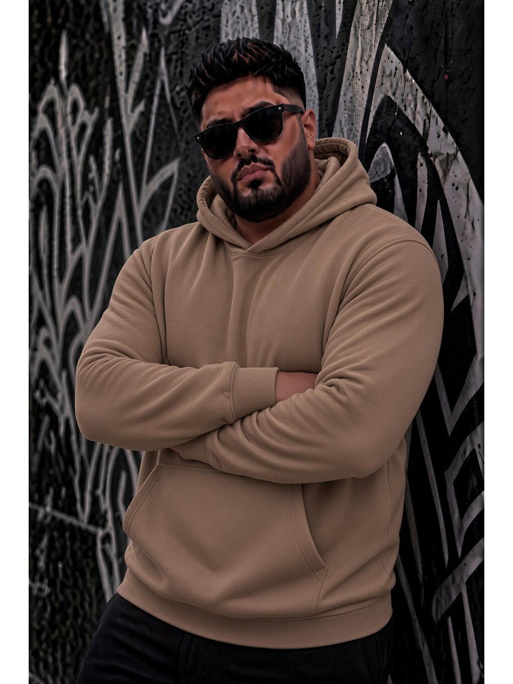 Bej Bery Büyük Beden Erkek Kapüşonlu Basic Sweatshirt İki İplik Şardonlu Kanguru Cepli-1