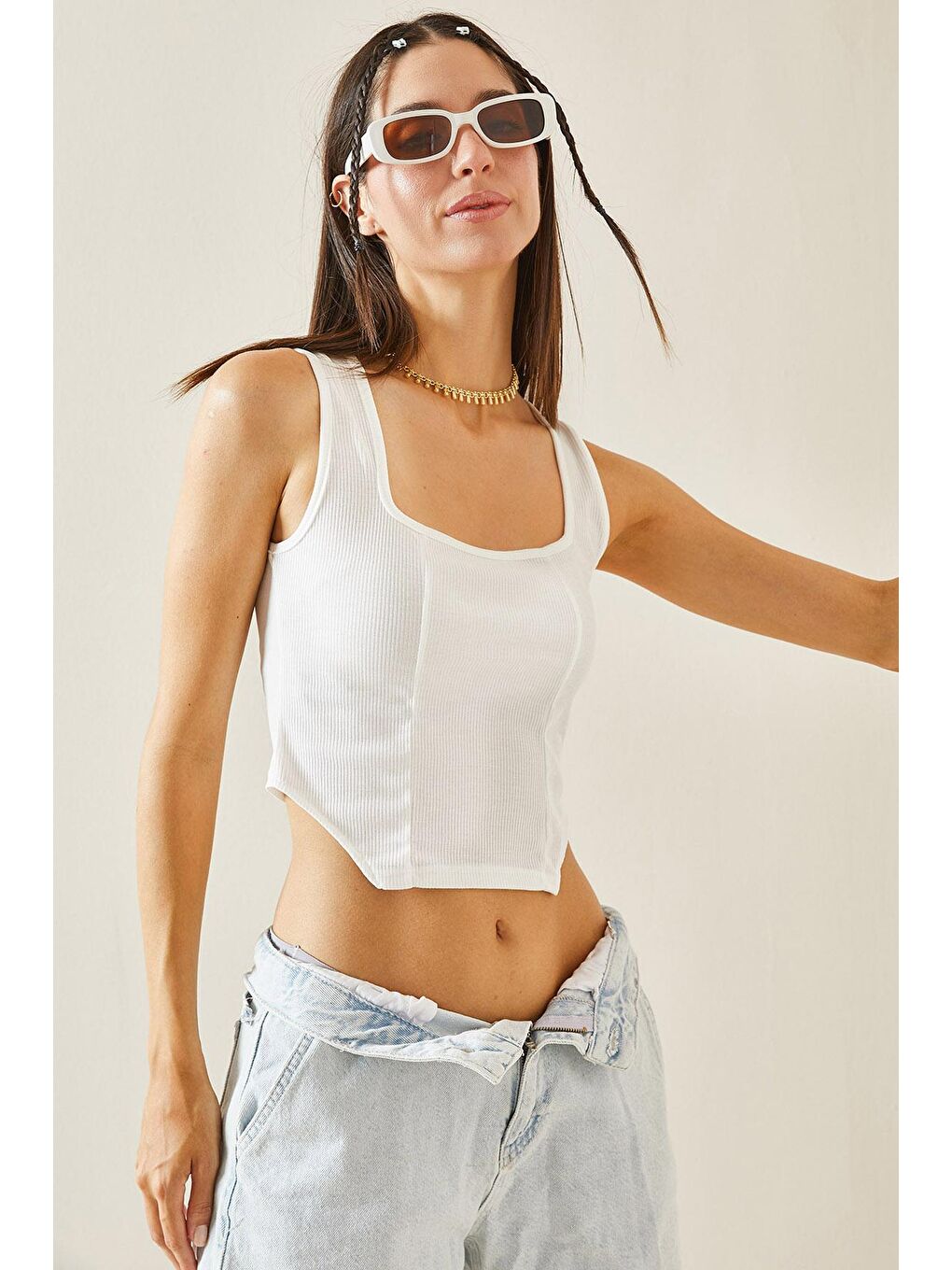 Beyaz Kare Yaka Askılı Bluz 5YXK2-48843-01