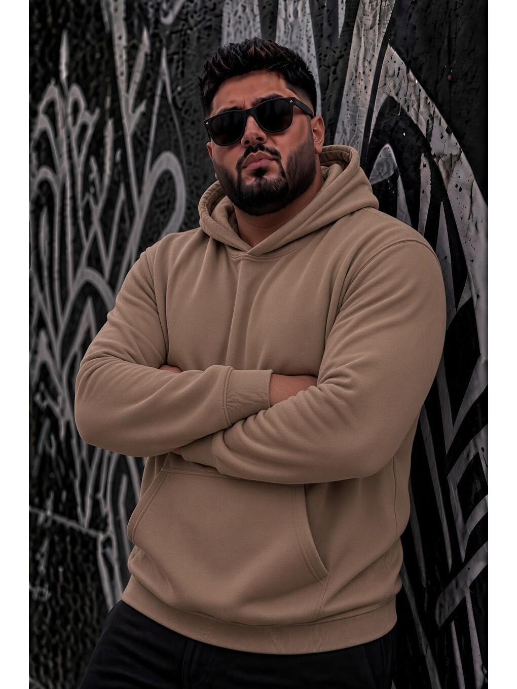 Bej Bery Büyük Beden Erkek Kapüşonlu Basic Sweatshirt İki İplik Şardonlu Kanguru Cepli-2