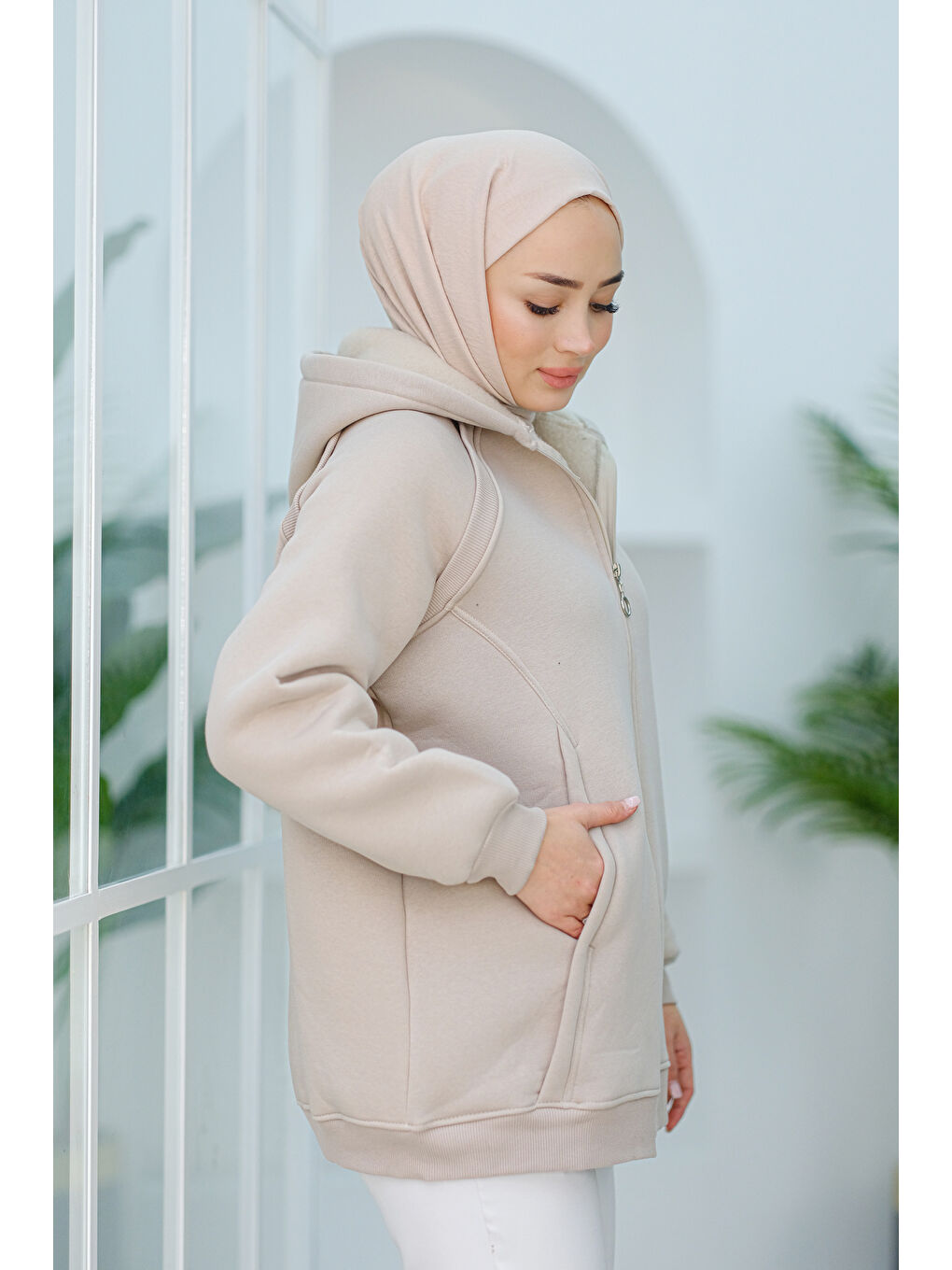 Ekru Süveter Detay Kapüşonlu Hırka Krem-1