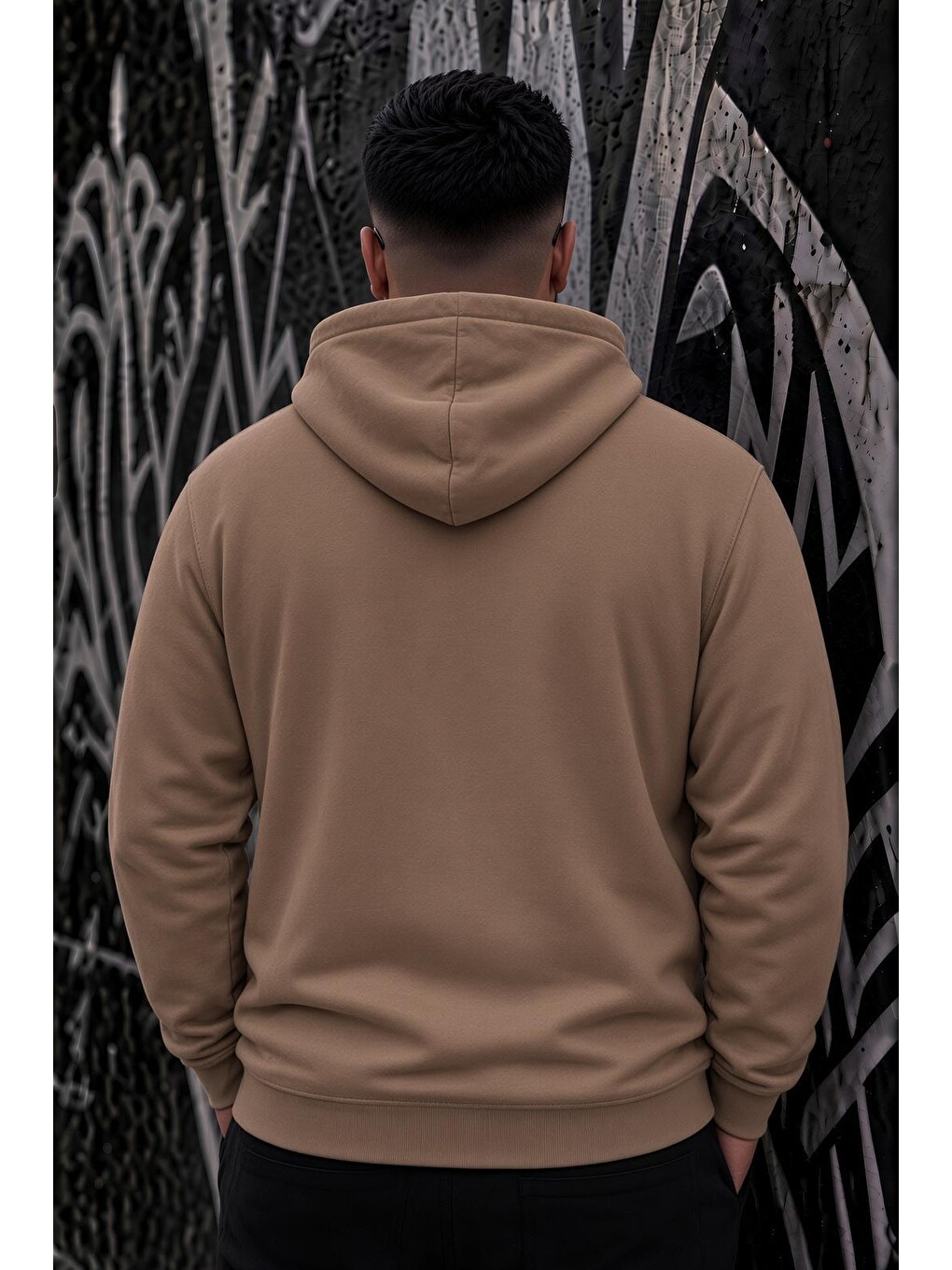 Bej Bery Büyük Beden Erkek Kapüşonlu Basic Sweatshirt İki İplik Şardonlu Kanguru Cepli-3