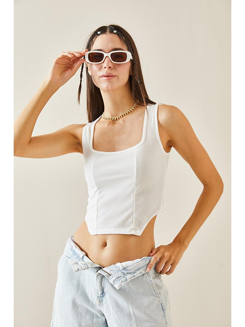 Beyaz Kare Yaka Askılı Bluz 5YXK2-48843-01-1