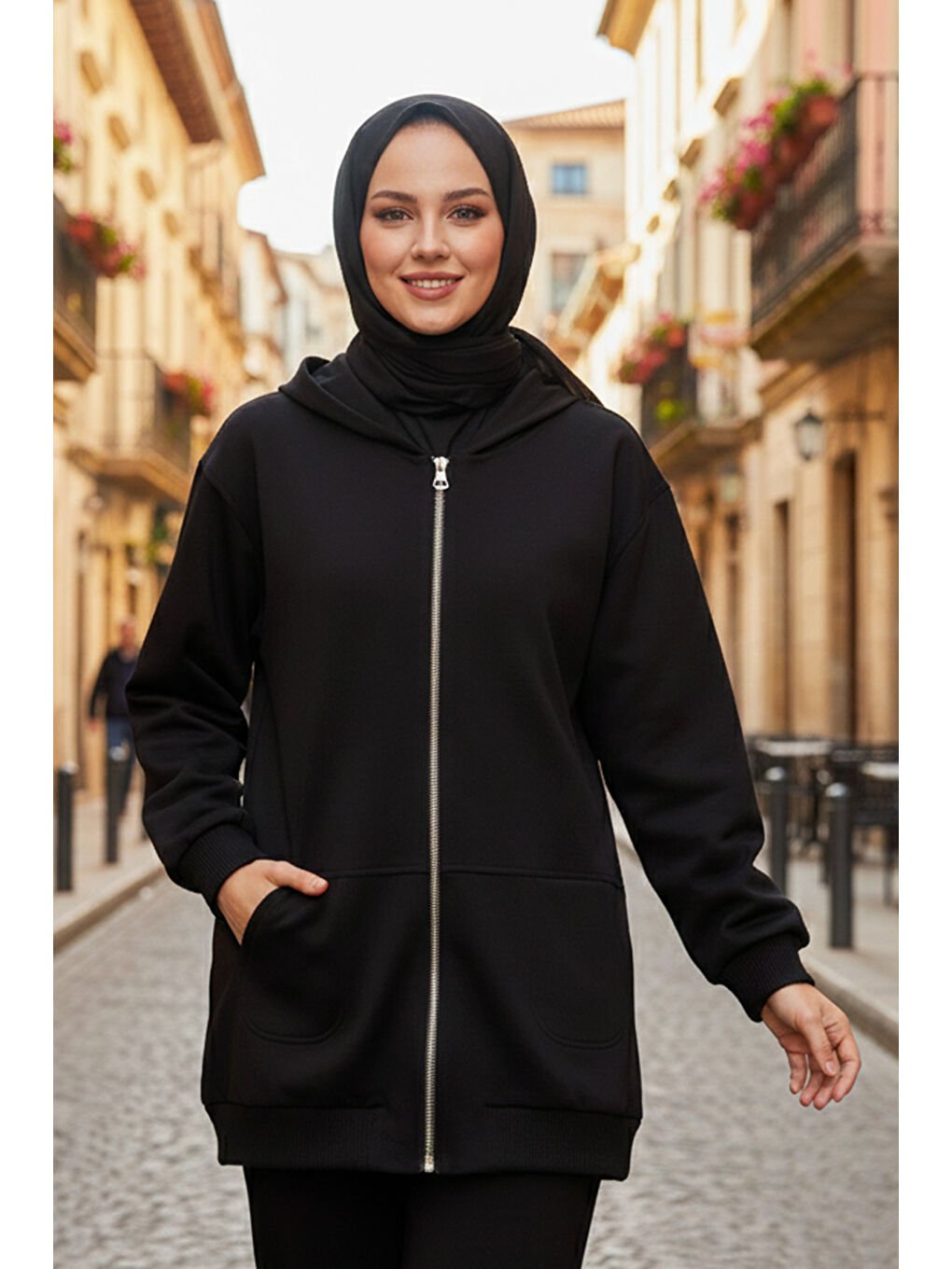 Kapüşon Detay  Çift Taraf Ceket Pantolon Takım 14290 Siyah-2