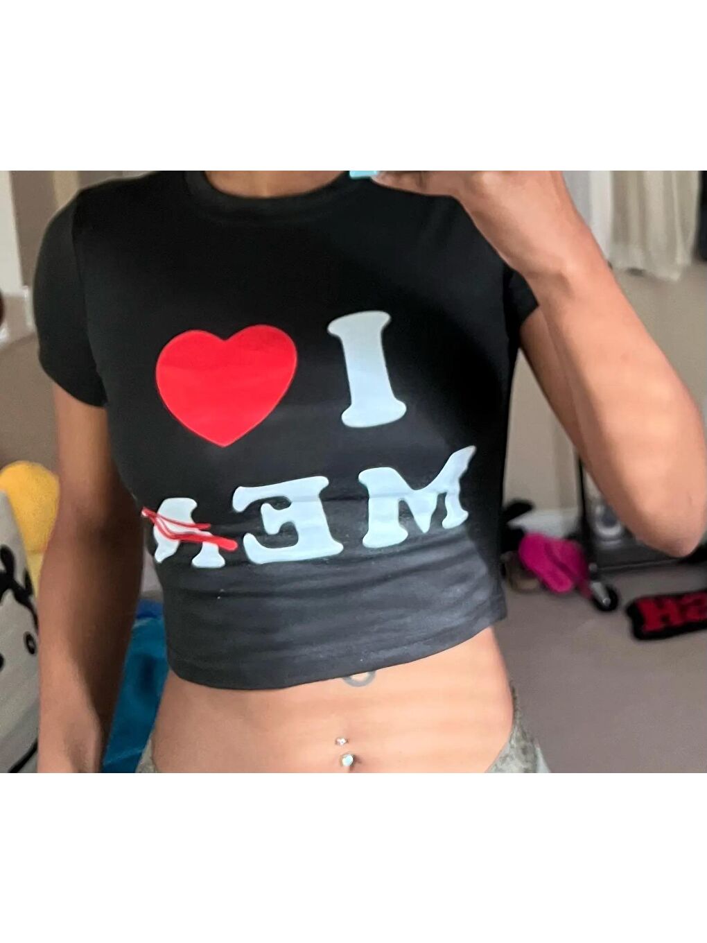 Touz Moda Siyah Y2k I Love Me Baskılı Siyah Crop - 1