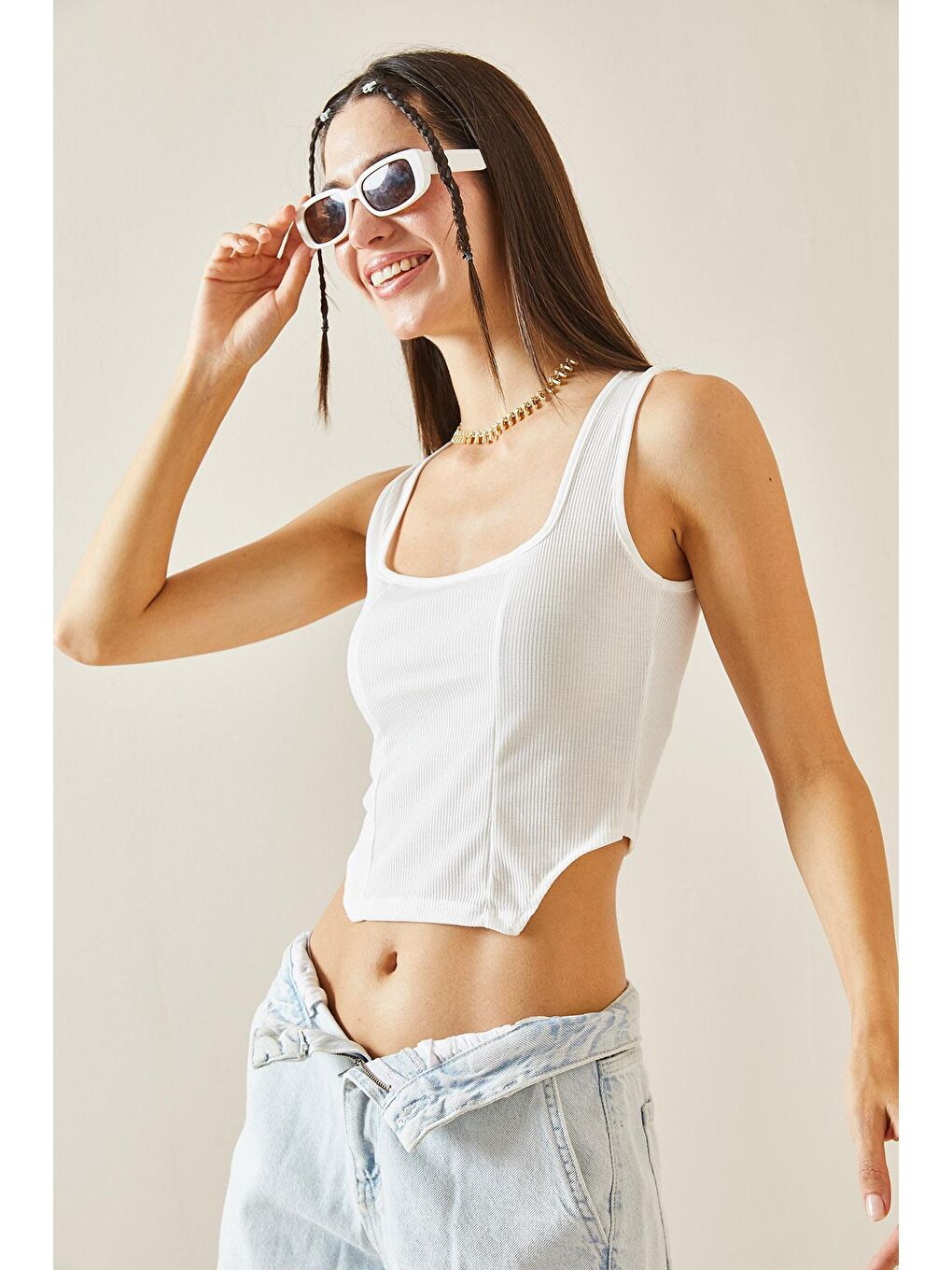 Beyaz Kare Yaka Askılı Bluz 5YXK2-48843-01-2