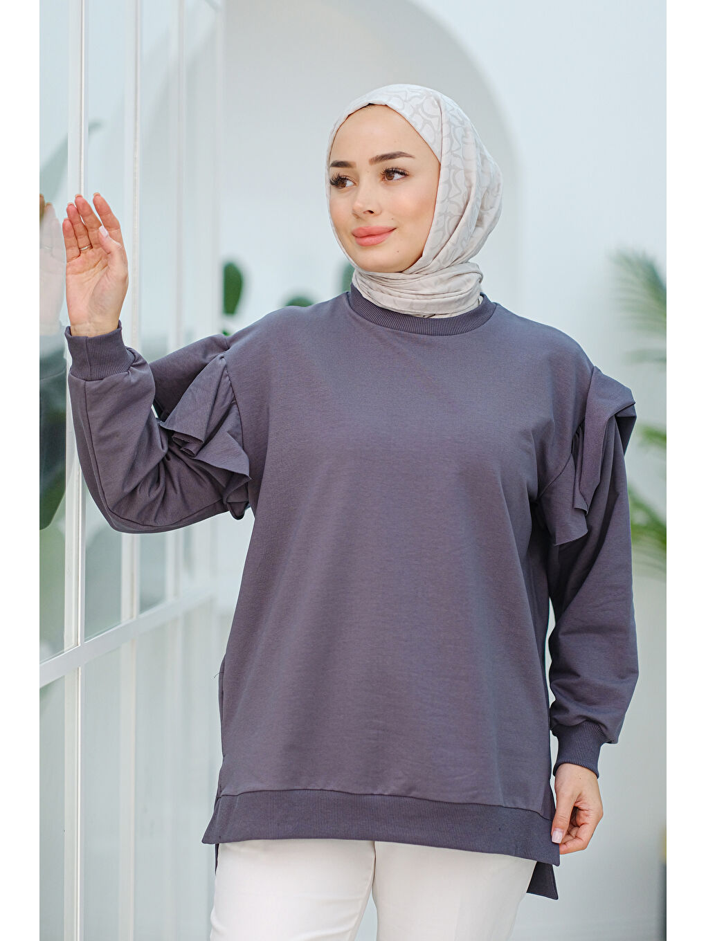 Locco Moda Kolu Fırfırlı Tunik  Antrasit - 3