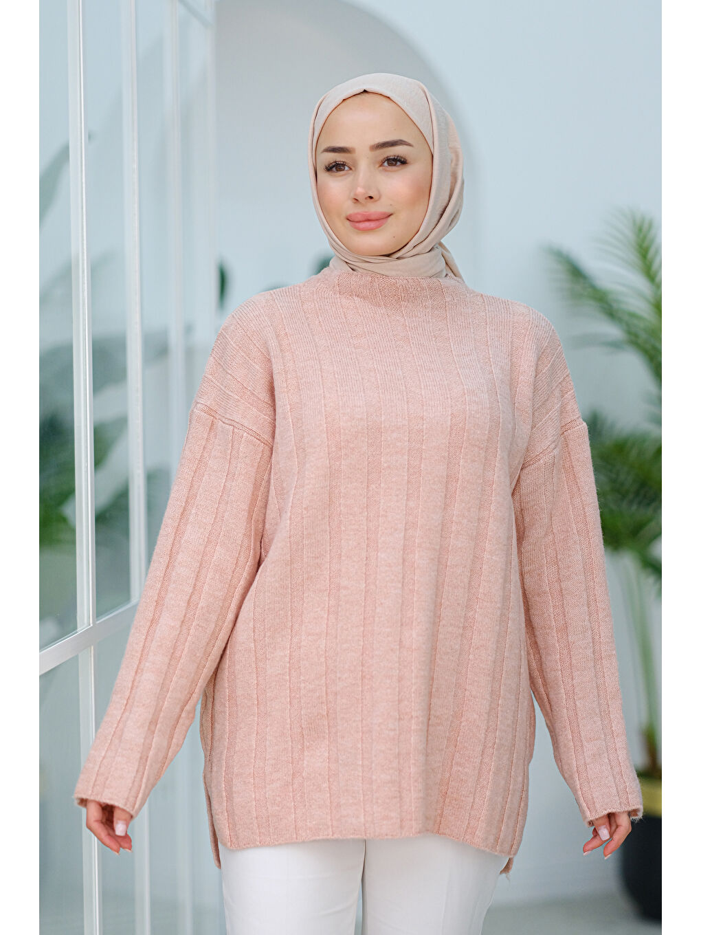 Locco Moda Pembe Kendinden Desenli Boğazlı Kazak Pudra - 2