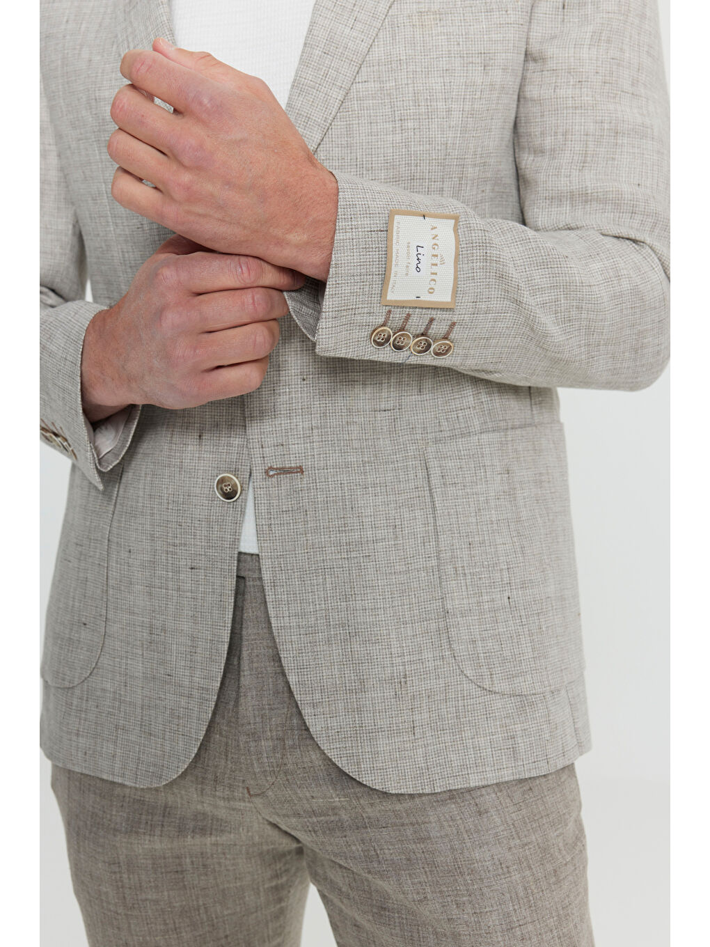 Erkek Bej %100 Keten Slim Fit Dar Kesim Mono Yaka Kazayağı Desenli Takım Elbise-6