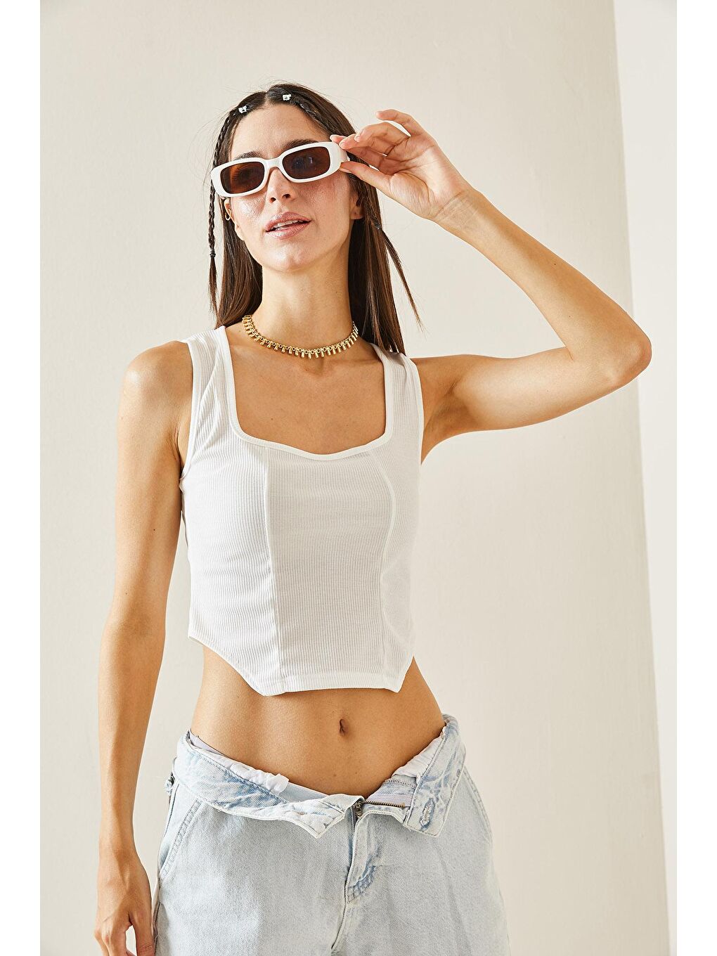 Beyaz Kare Yaka Askılı Bluz 5YXK2-48843-01-4