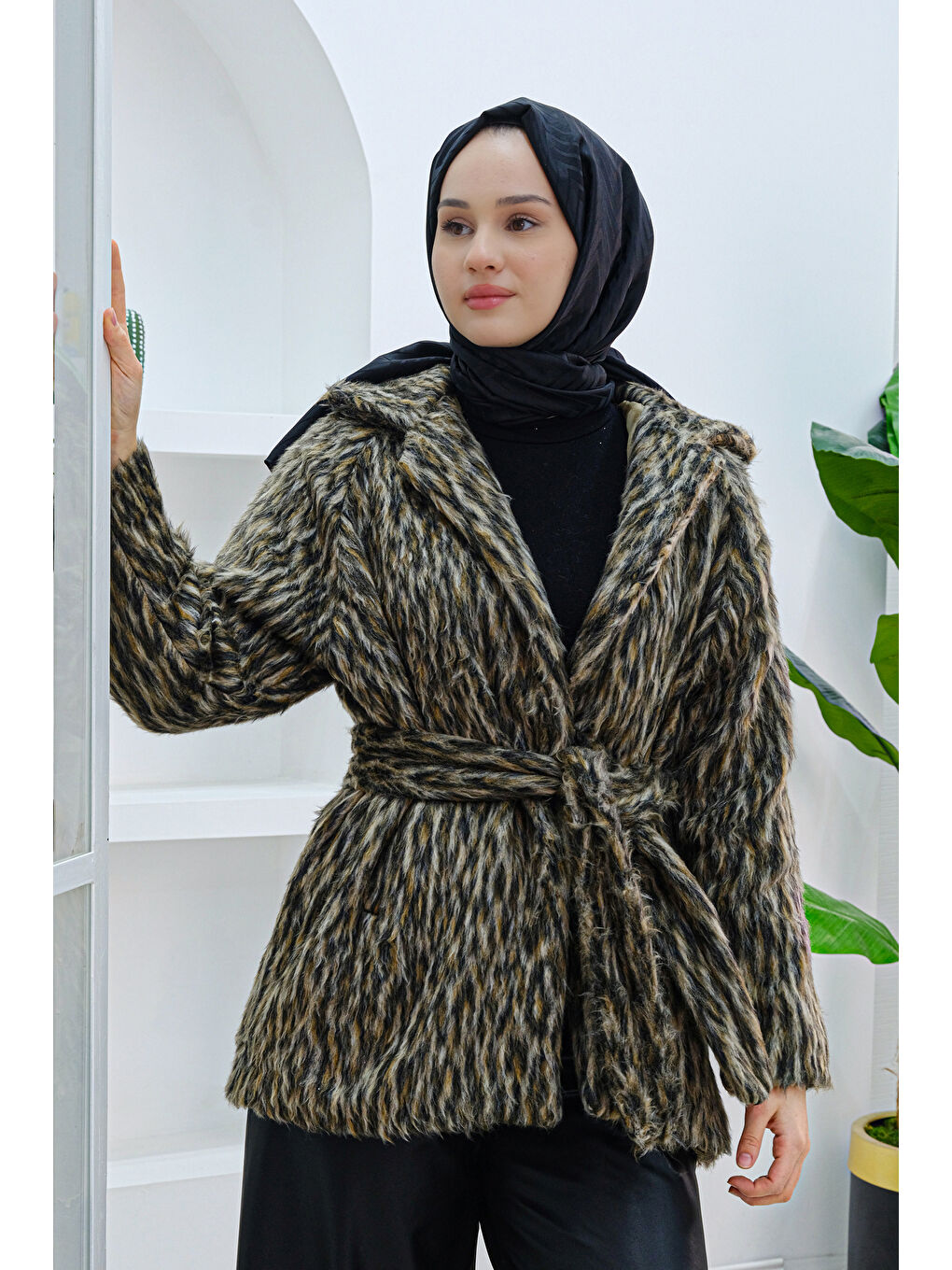 Locco Moda Leopar Desen Pelüş Ceket Kahverengi - 2