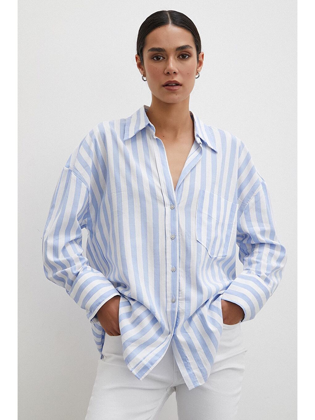 Mavi Oversize Cepli Gömlek