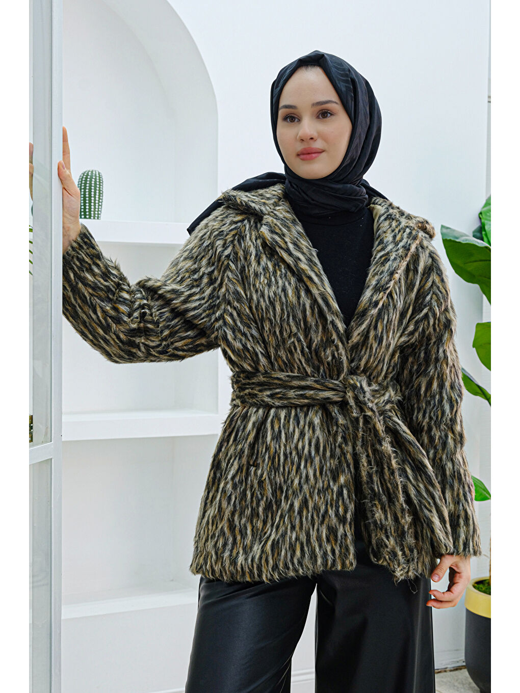 Locco Moda Leopar Desen Pelüş Ceket Kahverengi - 3