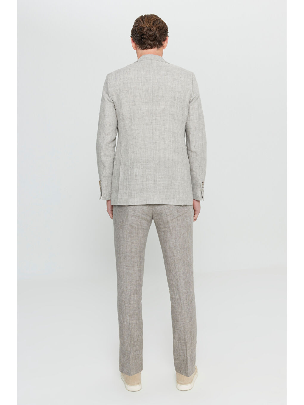 Erkek Bej %100 Keten Slim Fit Dar Kesim Mono Yaka Kazayağı Desenli Takım Elbise-7