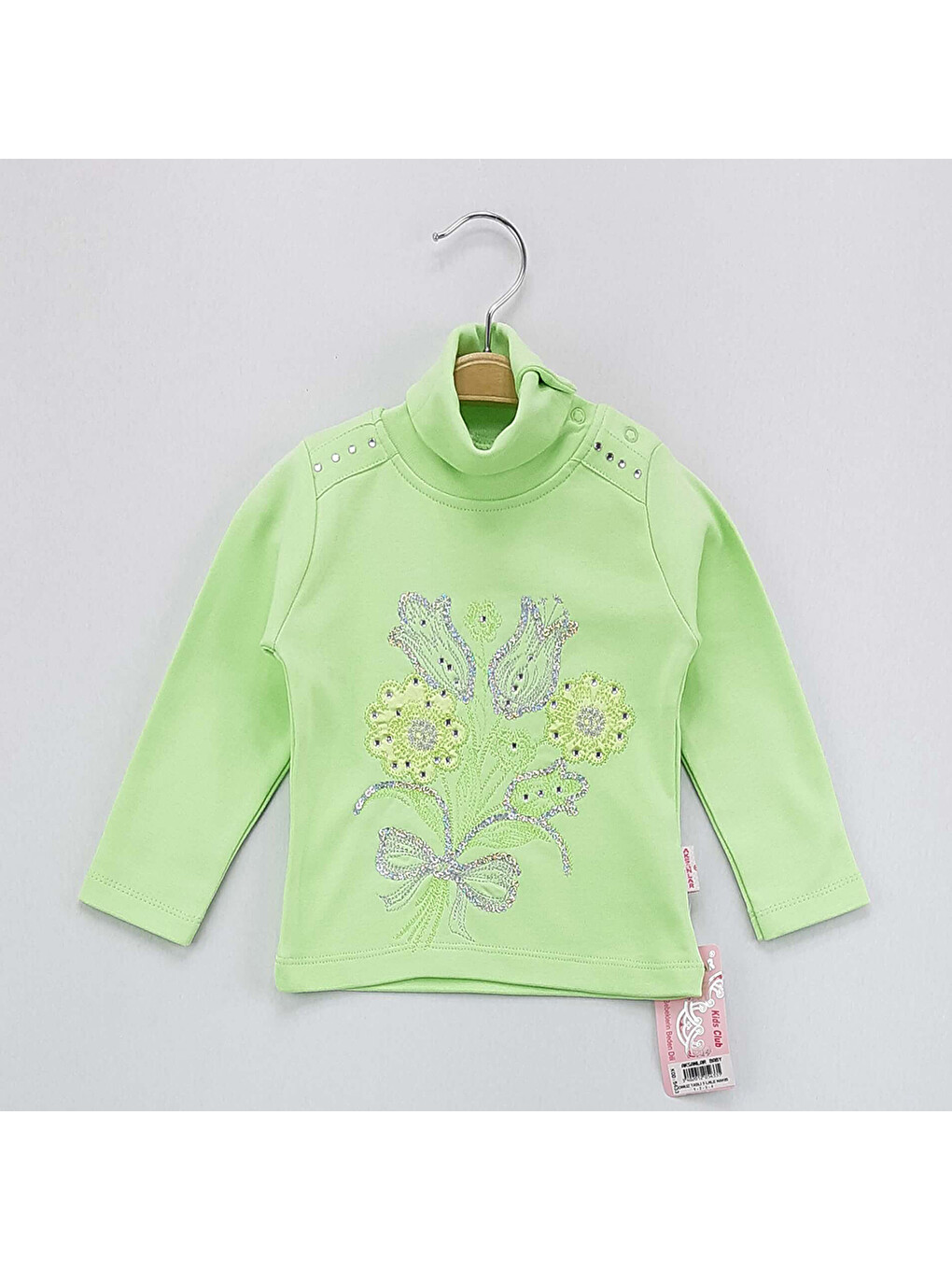 Yeşil Kız Çocuk Sweatshirt Lale Nakış Balıkçı Yaka İçi Şardon