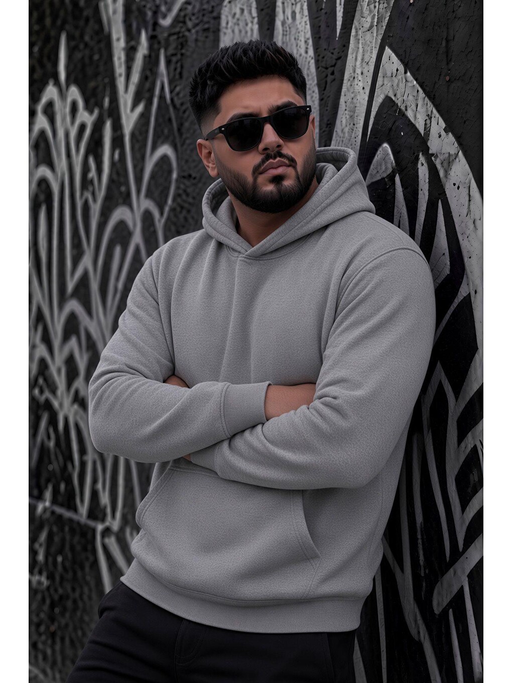 Gri Bery Büyük Beden Erkek Kapüşonlu Basic Sweatshirt İki İplik Şardonlu Kanguru Cepli-1